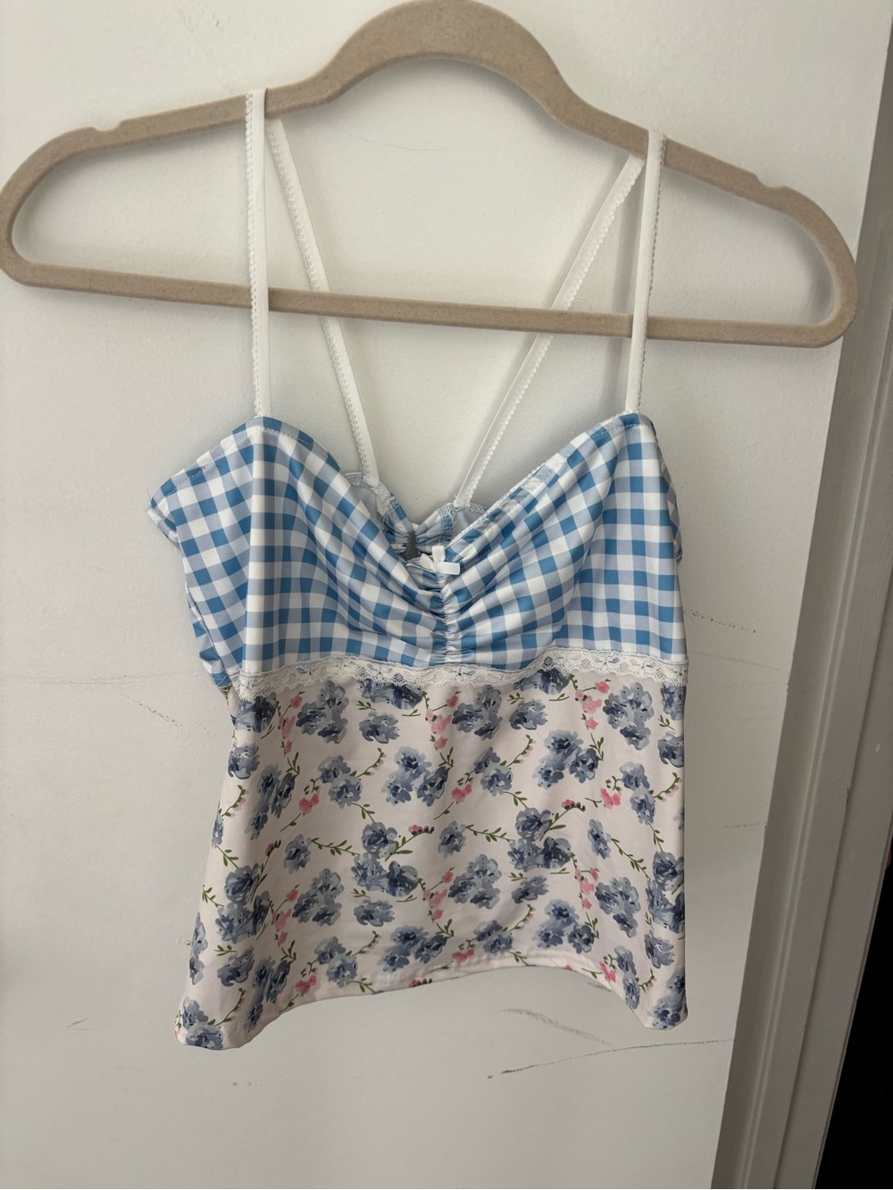 Blue Gingham & Floral Lace-Trim Cami Top